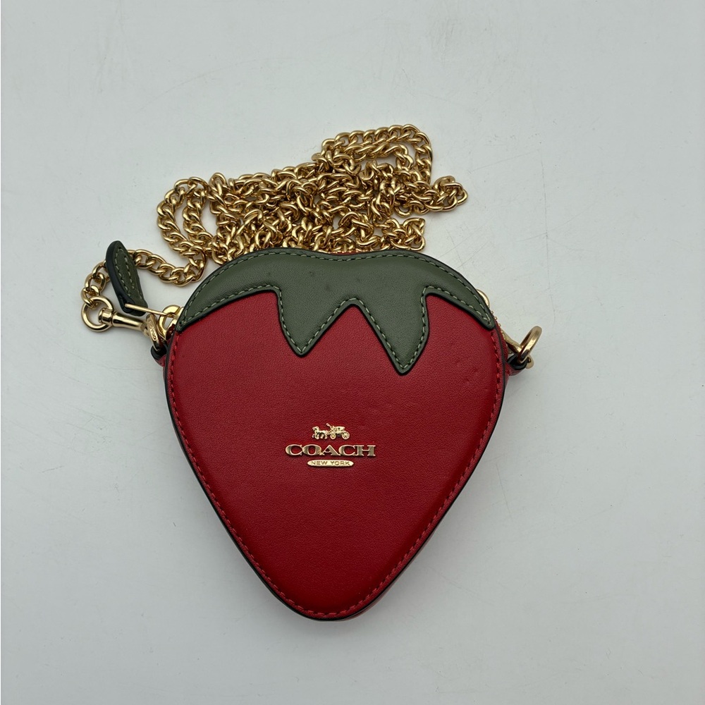 COACH Red Strawberry Mini Crossbody with Green Top Detail